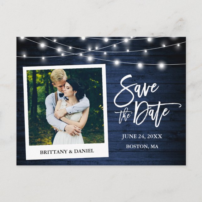 Brush Script Instant Foto Blue Wood Save the Date Postkarte (Vorderseite)