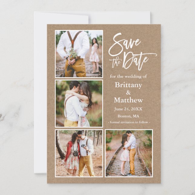 Brush Script Kraft 4 Foto Verlobung Save The Date (Vorderseite)