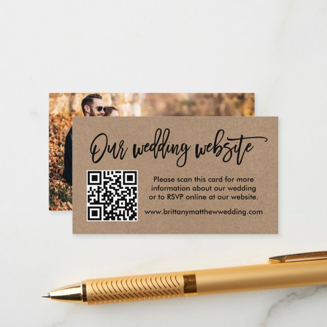 Brush Script Kraft Wedding Website QR Foto Begleitkarte (Vorderseite/Rückseite Beispiel)