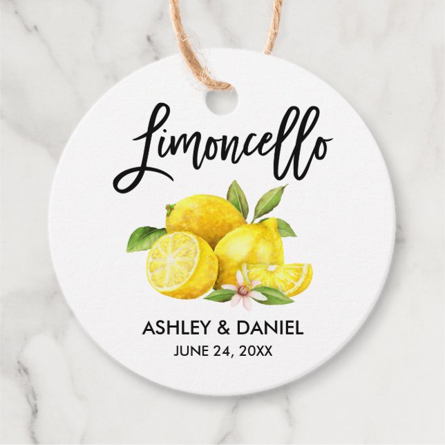 Brush Script Lemons Wedding Limoncello Round Kraft Geschenkanhänger (Vorderseite)