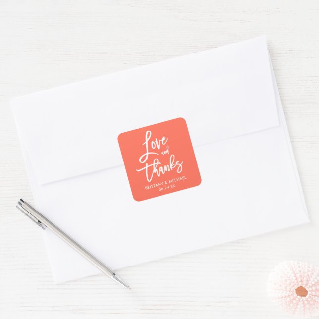 Brush Script-Liebe dank Coral-Umschlag Aufkleber (Umschlag)
