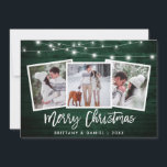 Brush Script Lights Green Wood 3 Foto Weihnachten<br><div class="desc">Rustikales Grünes Holz Pinselschrift 3 Foto Frohe Weihnachtskarte mit String Lights</div>