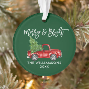 Brush Script Merry Bright Vintag Truck Green Ornament