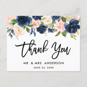 Brush Script Pink Blue Floral Wedding Vielen Dank Postkarte