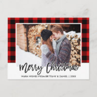 Brush Script Red Kariert Couple Foto Christmas