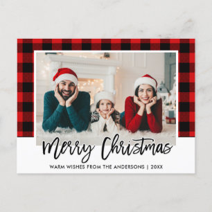 Brush Script Red Kariert Family Foto Christmas Postkarte