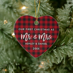 Brush Script Red Kariert First Christmas Mr. Mrs. Keramik Ornament