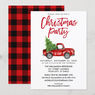 Brush Script Red Kariert Truck Weihnachts-Party Einladung