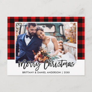 Brush Script Red Kariert Wedding Foto Weihnachten Postkarte