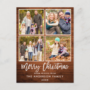 Brush Script Rustic Wood Family 4 Foto Weihnachten Postkarte