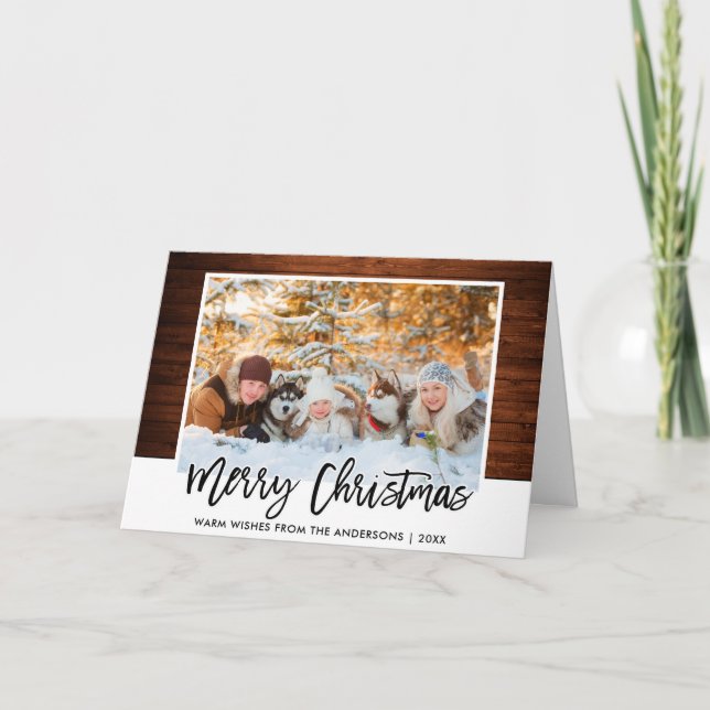 Brush Script Rustic Wood Family Foto Weihnachten (Vorderseite)