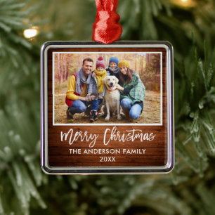 Brush Script Rustic Wood Family Frohe Weihnachten Ornament Aus Metall
