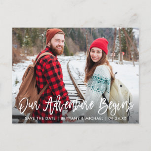 Brush Script Save the Date Adventure Couple Foto Postkarte