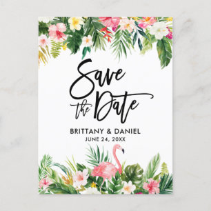Brush-Script Save the Date Tropical Flamingo Postkarte