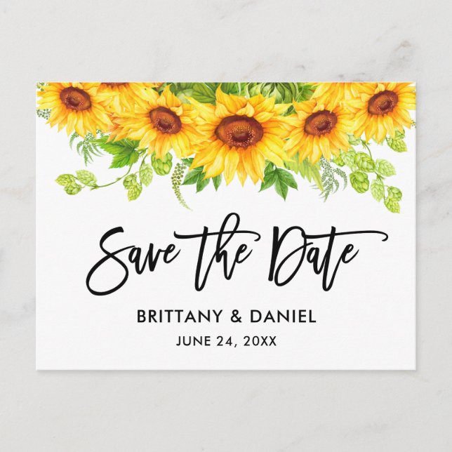 Brush Script Sonnenblumen Save the Date Postkarte (Vorderseite)