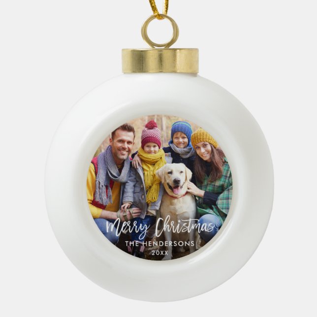 Brush Script Star Family Foto Frohe Weihnachten Keramik Kugel-Ornament (Vorderseite)