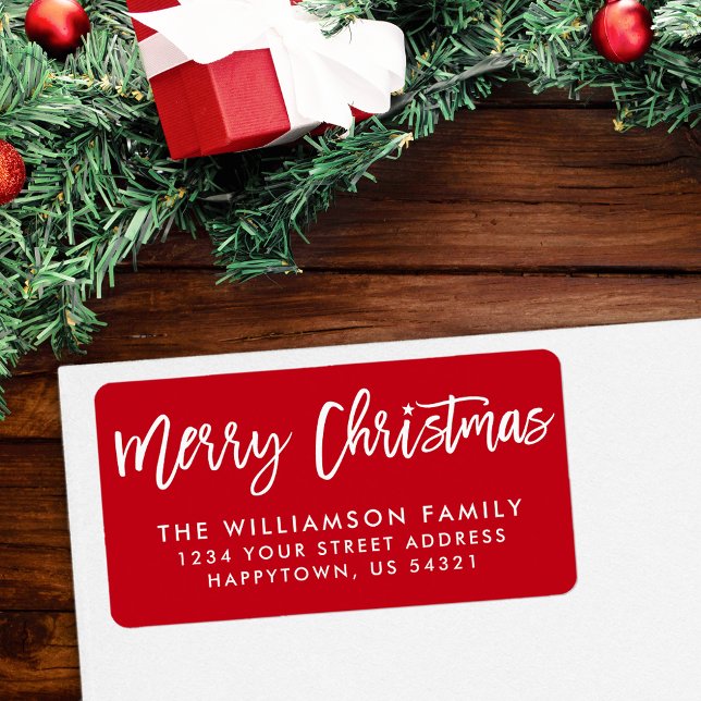 Brush Script Star Frohe Weihnachtsfamilie Adressaufkleber (Customize to change background color.)