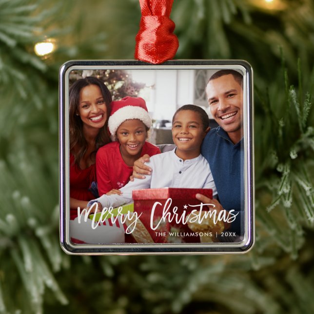 Brush Script Star Frohe Weihnachtsfamilie Foto Ornament Aus Metall (Baum)
