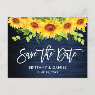 Brush Script Sunflowers Blue Wood Save the Date Postkarte