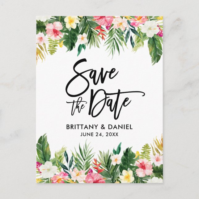 Brush Script tropical floral Save the Date Postkarte (Vorderseite)