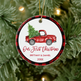 Brush Script Truck Erster Weihnachtsrot Kariert Keramik Ornament