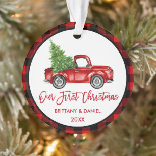 Brush Script Truck Erster Weihnachtsrot Kariert Ornament