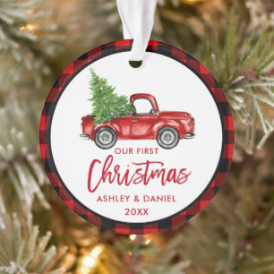 Brush Script Truck Erster Weihnachtsrot Kariert Ornament