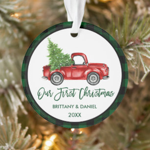Brush Script Truck Erstes Weihnachtsgrün Kariert Ornament