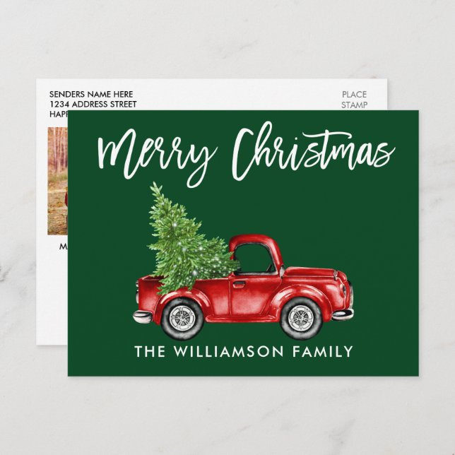 Brush Script Truck Weihnachts-FOTO BACK Green Postkarte (Vorne/Hinten)
