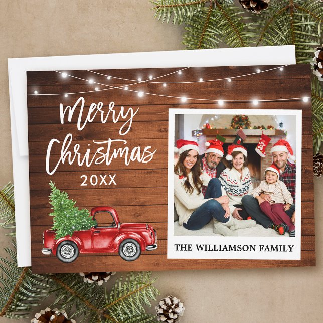 Brush Script Truck Wood Vintages Foto Weihnachten (Customize to add text to back of card.)