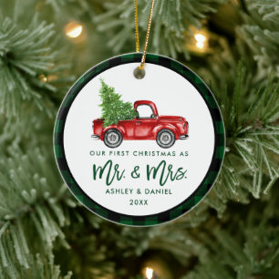 Brush Script Vintag Red Truck Green Keramik Ornament