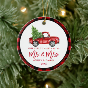 Brush Script Vintag Red Truck Kariert Keramik Ornament