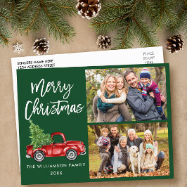 Brush Script Vintag Truck 2 Foto Weihnachten Grün Postkarte