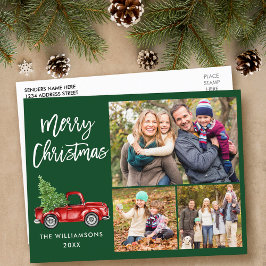 Brush Script Vintag Truck 3 Foto Weihnachten Grün Postkarte