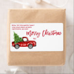 Brush Script Vintag Truck Christmas Red Mailing<br><div class="desc">Brush Script Wasserfarbe Vintager Truck mit Weihnachtsbaum - Frohe Weihnachtsfamilie Rücksendeadresse und Mailing Label</div>