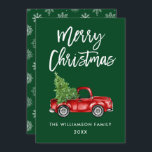 Brush Script Vintag Truck Green Christmas Card SB Einladung<br><div class="desc">Pinselschrift Wasserfarbe Vintager roter LKW mit Weihnachtsbaum - Frohe Weihnachtskarte - Grüne Schneeflocken Zurück</div>