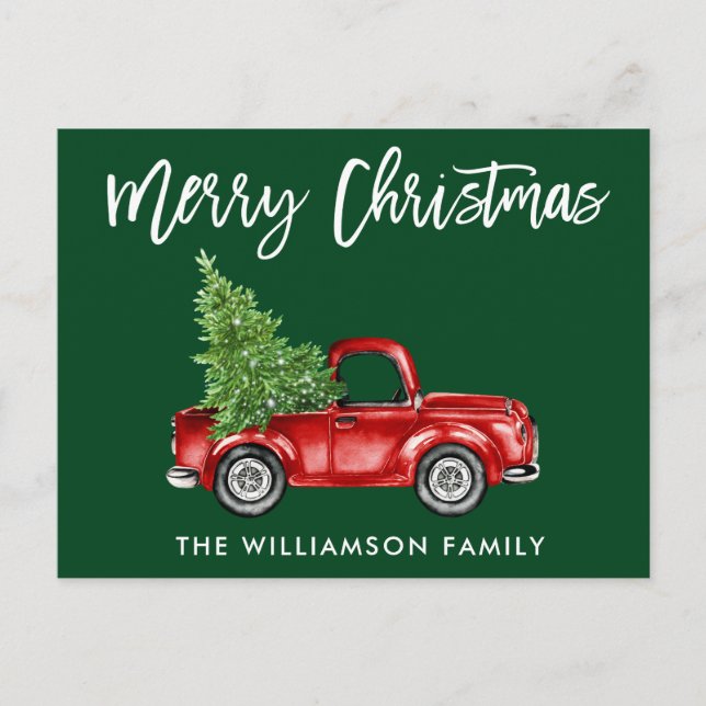 Brush Script Vintag Truck Weihnachtsbaum Grün Postkarte (Vorderseite)