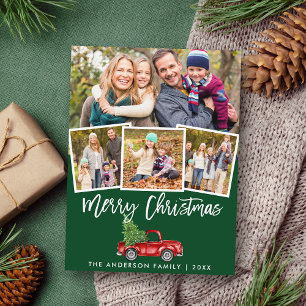 Brush Script Vintage-LKW Weihnachten 4 Foto Grün Postkarte