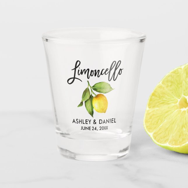 Brush Script Watercolor Lemon Wedding Limoncello Schnapsglas (Vorderseite)