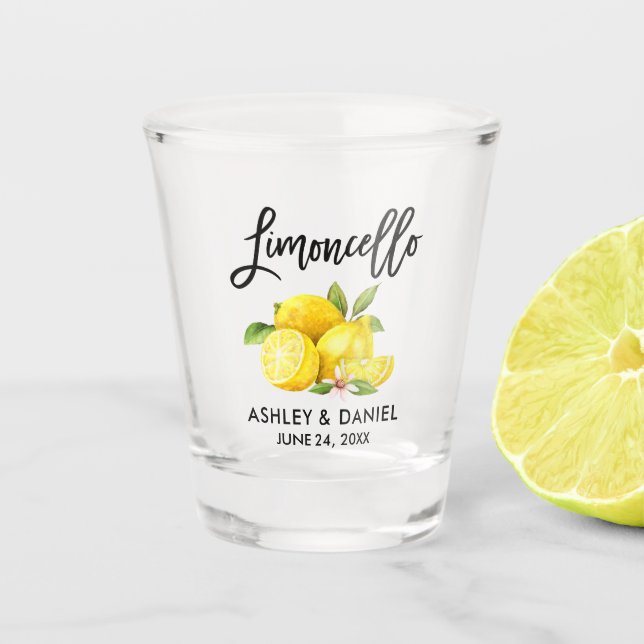 Brush Script Watercolor Lemons Wedding Limoncello Schnapsglas (Vorderseite)