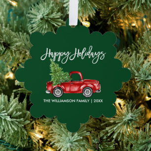 Brush Script Watercolor Truck Green Holiday Ornament Karte