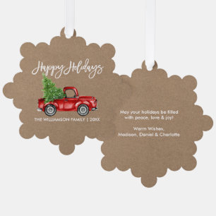 Brush Script Watercolor Truck Kraft Style Holiday Ornament Karte