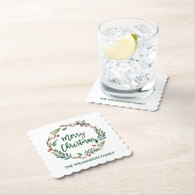 Brush Script Watercolor Wreath Frohe Weihnachten Untersetzer (Vor Ort)