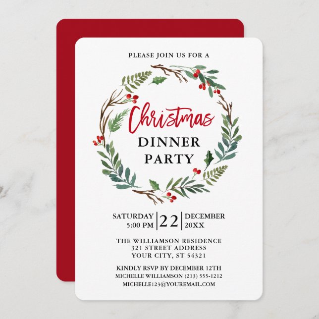 Brush Script Watercolor Wreath Red Christmas Party Einladung (Vorne/Hinten)