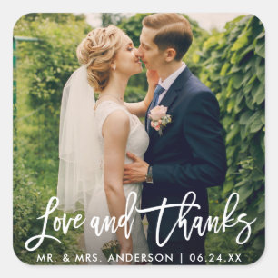 Brush Script Wedding Foto Liebe und Dank Modern Quadratischer Aufkleber