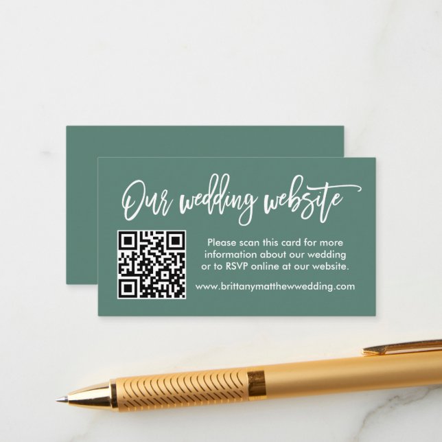 Brush Script Wedding Website QR Eukalyptus Green Begleitkarte (Vorderseite/Rückseite Beispiel)