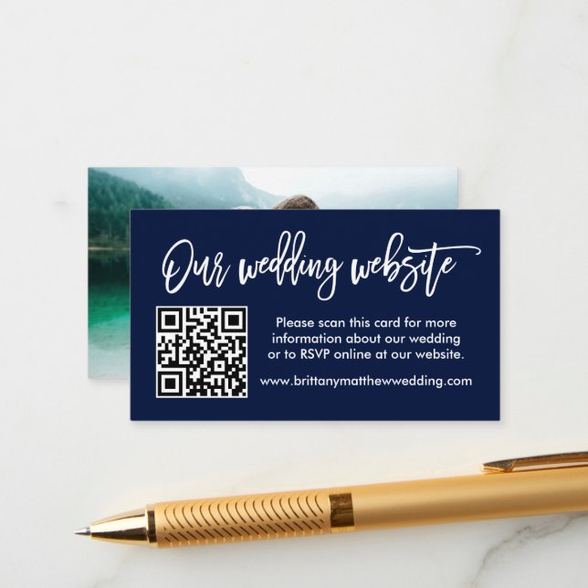 Brush Script Wedding Website QR Foto Blue Begleitkarte (Vorderseite/Rückseite Beispiel)