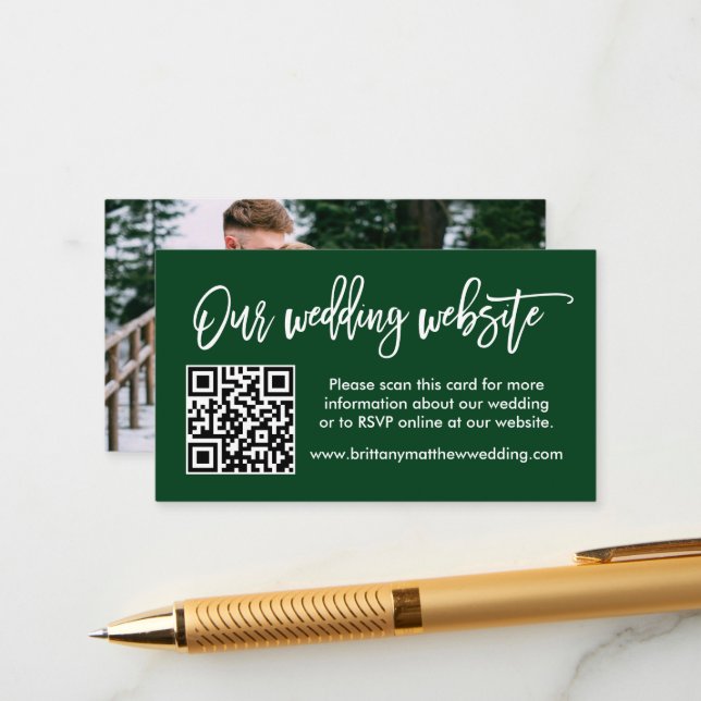 Brush Script Wedding Website QR Foto Green Begleitkarte (Vorderseite/Rückseite Beispiel)
