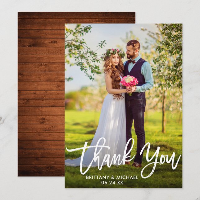 Brush Script Wedding Wood Foto Danke, Card W Einladung (Vorne/Hinten)
