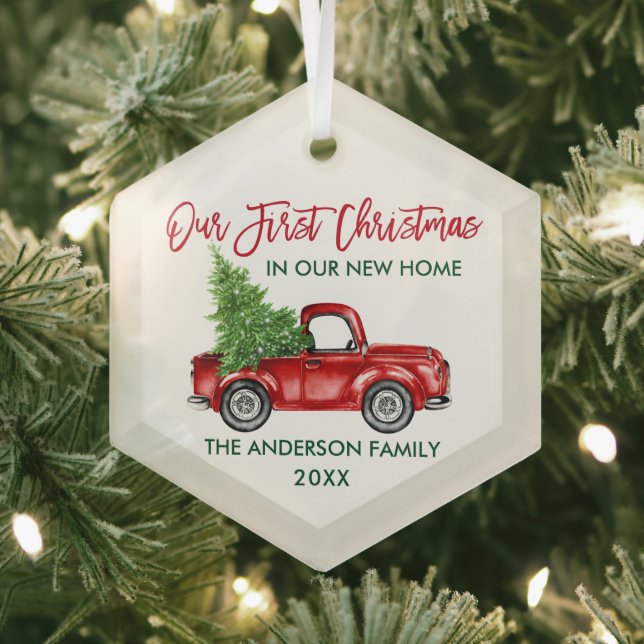 Brush Script Weihnachten Neu Zuhause Red Truck Ornament Aus Glas (Insitu)